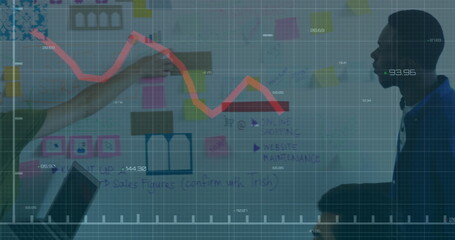 Aufkleber - Declining stock market graph image over business meeting with charts and sticky notes