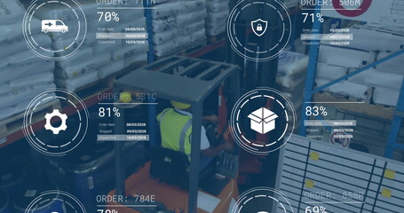 Poster - Image of digital data processing over biracial man in forklift working in warehouse