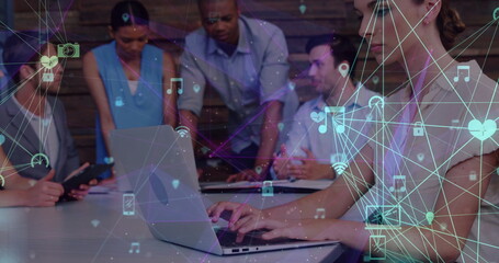 Poster - Image of network of connections with icons over diverse business people in office