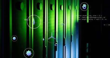 Poster - Image of ecology icons and data processing over server room