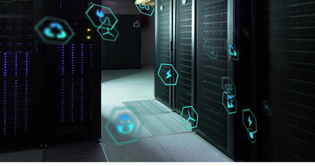 Poster - Image of ecology icons over server room