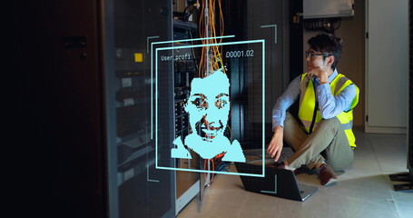 Poster - Image of data processing with portraits over asian worker in server room