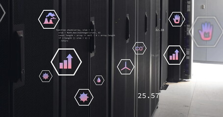 Poster - Image of ecology icons and data processing over server room