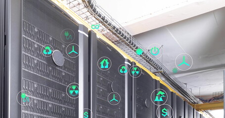 Poster - Image of ecology icons over server room
