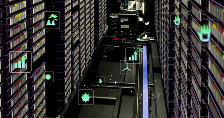 Poster - Image of ecology icons and data processing over server room