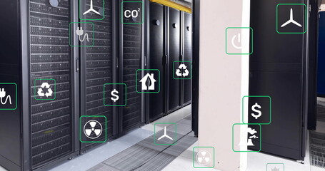 Poster - Image of ecology icons over server room