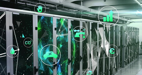 Poster - Image of ecology icons and network of connections over server room