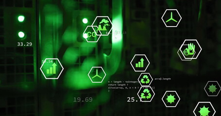 Poster - Image of ecology icons and data processing over server room