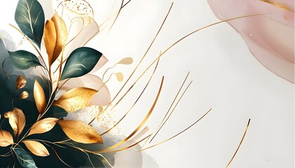 Wall Mural - Luxurious Abstract Art Background Featuring Golden Line Art Flowers, Botanical Leaves, and Organic Watercolor Shapes for Modern Banners and Posters