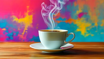 Wall Mural - Vibrant Coffee Moment with Steaming Mug on Rustic Wood Table Against Bold Colorful Wall