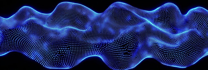 Fototapete - Blue particles intertwine to create stunning geometric patterns, seamlessly connected by glowing lines against a deep black backdrop, offering a glimpse into a futuristic cosmic universe.