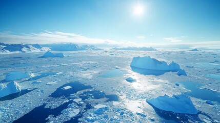 Poster - Majestic polar landscape showcasing a vast expanse of icebergs under a bright sun reflecting off the tranquil ocean waters