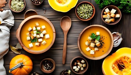 Wall Mural - Autumn-inspired pumpkin soup with vibrant vegetarian ingredients and rustic kitchen utensils on a wooden surface, celebrating healthy vegan cuisine