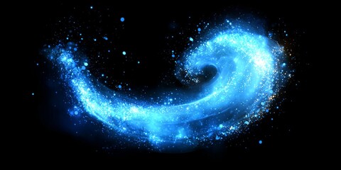 Fototapete - Blue particles accumulate and swirl into a fluid wave shape, glowing softly in the darkness, creating a mesmerizing and ethereal visual experience that enchants the senses.