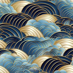 Seamless pattern of Japanese water wave, waves of gold, white, blue color all over the frame. Design of a postcard, packaging, banner.