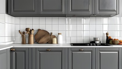 Wall Mural - Contemporary kitchen countertop featuring a sleek grey cabinet design, ideal for showcasing household products against a backdrop of white ceramic wall tiles.