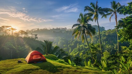 Sticker - Sunrise Camping in a Lush Tropical Forest