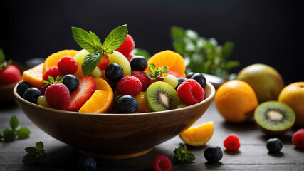 Wall Mural - Bowl of fresh fruit salad background