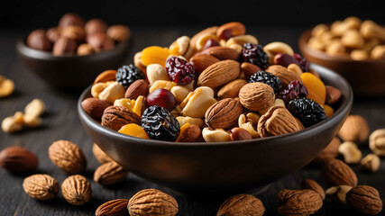 Wall Mural - Bowl of mixed nuts and dried fruit background