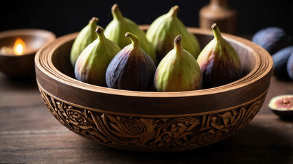 Wall Mural - Carved wooden bowl with figs background