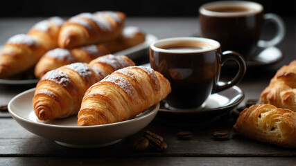 Cup of coffee with pastries background