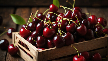 Wall Mural - Fresh cherries in wooden crate background