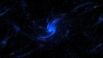 Poster - Particles of varying sizes and brightness create a captivating spiral pattern, glowing softly in blue hues against a deep black background, evoking a cosmic wonder.