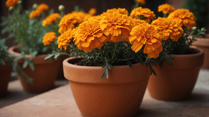 Wall Mural - Orange marigolds in terracotta pot background