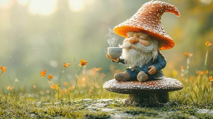 Wall Mural - A gnome wearing an orange mushroom hat sits on a mushroom holding a steaming cup, surrounded by flowers in a bright, sunny meadow