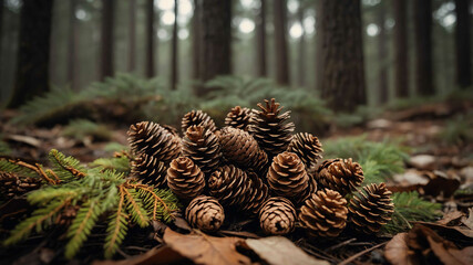 Pinecones clustered on forest floor background