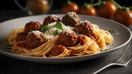 Wall Mural - Plate of spaghetti with meatballs background