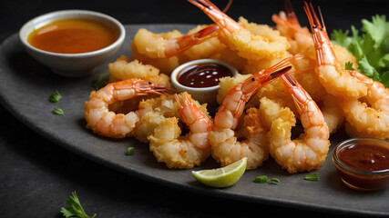 Wall Mural - Platter of shrimp tempura with sauce background