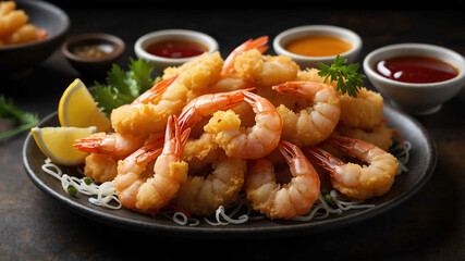 Wall Mural - Platter of shrimp tempura with sauce background