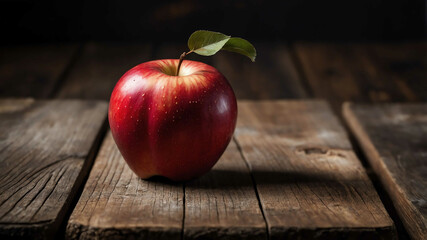 Red apple on rustic wood table background