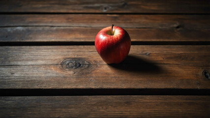 Red apple on rustic wood table background