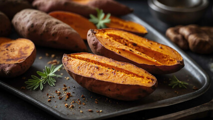 Wall Mural - Roasted sweet potatoes on baking sheet background