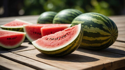 Wall Mural - Sliced watermelon on outdoor table background