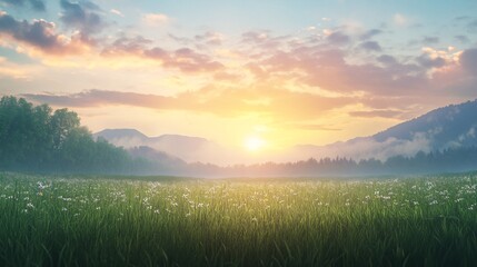 Wall Mural - A field of wildflowers at sunset with a mountain background