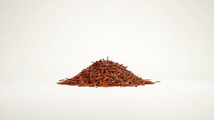 a clean, minimalist image with a small pile of dried rooibos leaves placed at the center of a pure white background