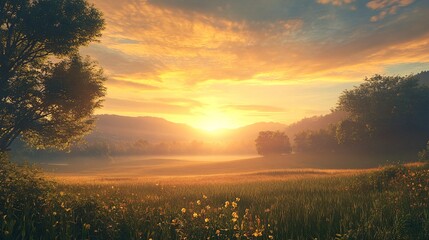 Wall Mural - Golden Hour Sunset Over Lush Meadow with Blooming Wildflowers