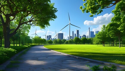 Wall Mural - Sustainable city park with green hues and wind turbines, showcasing the integration of renewable energy sources in urban landscapes