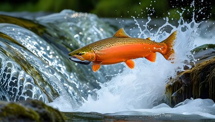 Dynamic salmon leaping from sparkling river amidst cascading waters, embodying natures vitality and the excitement of fishing