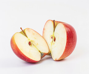 A cut apple on a white background in digital style with natural lighting.