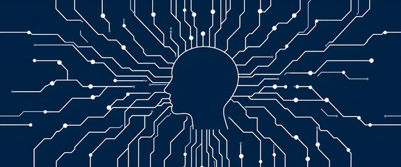 Poster - A circuit board-inspired design with nodes and neural pathways forming a web, centered around a human head silhouette.