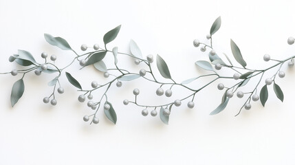 a mistletoe garland with silver berries and green leaves against an isolated white background