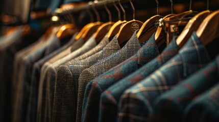 Sticker - Close-up of Stylish Suits Hanging on Wooden Hangers in a Store