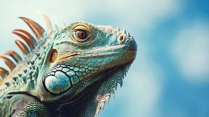 Close-up of green iguana with detailed scales against blue sky