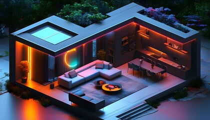 Futuristic isometric smart home design blending luxury and technology with dark hues and vibrant neon accents for modern automated living spaces