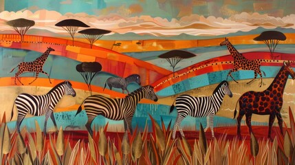 African Savanna Landscape with Zebras and Giraffes