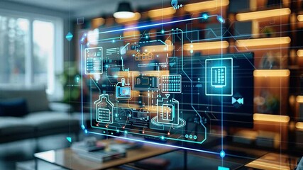 Leinwandbilder - A high-tech digital interface is showcased in a contemporary living room, featuring data visualizations and technological elements. The room is bright and inviting, blending tech and comfort.